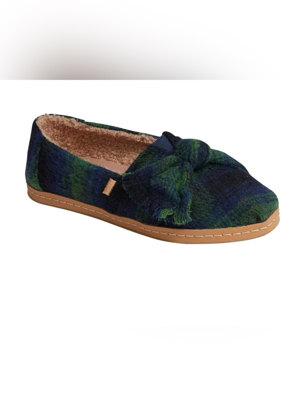 TOMS Alpargata Leather Wrap Plaid Flats Faux Shearling Green Bow NIB Size 9.5